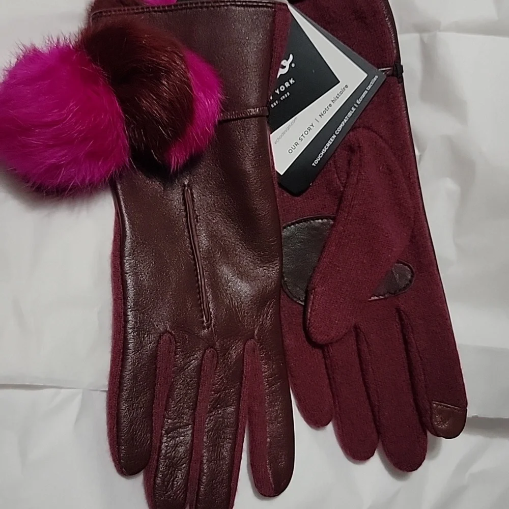 Nwt Echo Leather Cashmere Wool Colorblock Fur Pom Pom Gloves Maroon Pink
